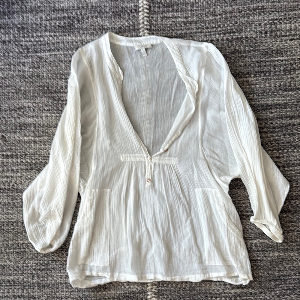 Joie White 3/4 Sleeve Blouse with Mandarin Collar